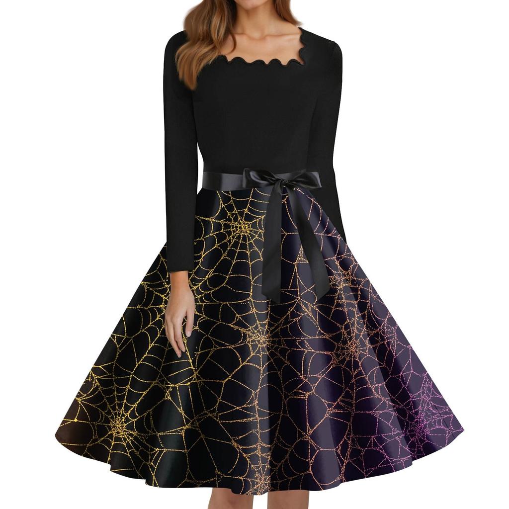 Women's Fashion Square Neck Casual Slim Halloween Printed Long Sleeve Dresses
