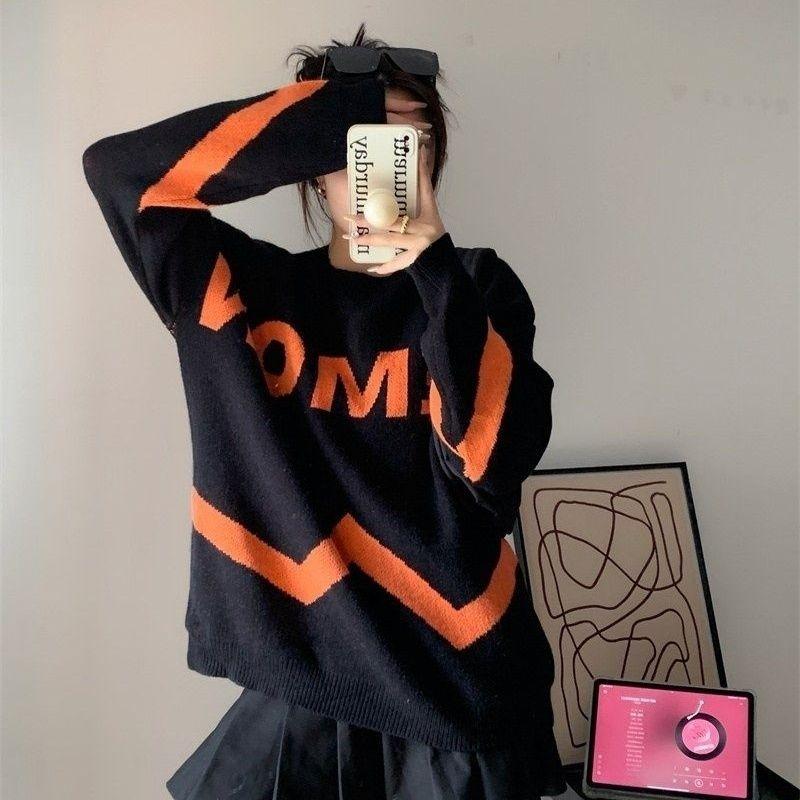 

Women Letter Decorated Solid Color Sweaters Korean Lazy Style Loose Round Neck Sweater Autumn Fashion Comfortable Female Pullover Top Onesize оранжевый