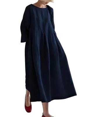 JINJUDUO Langes lockeres Baumwollkleid für Damen, Modisch, Süß, Passform, Vegan, Besatz, Freizeit, Sommer, Herbst, (Marineblau, M)