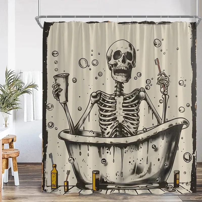 Skeleton Shower Curtain Bathing Skull Monstera Devil Evil Knight Happy Halloween Bathroom Decor Scary Polyester Bath Curtaixt6@