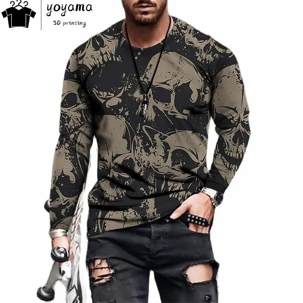 

Футболки с принтом черепа для мужчин, с длинным рукавом, хип-хоп, харадзюку, повседневная мужская одежда, с круглым вырезом, модные футболки с графикой черепа, топы 6XL