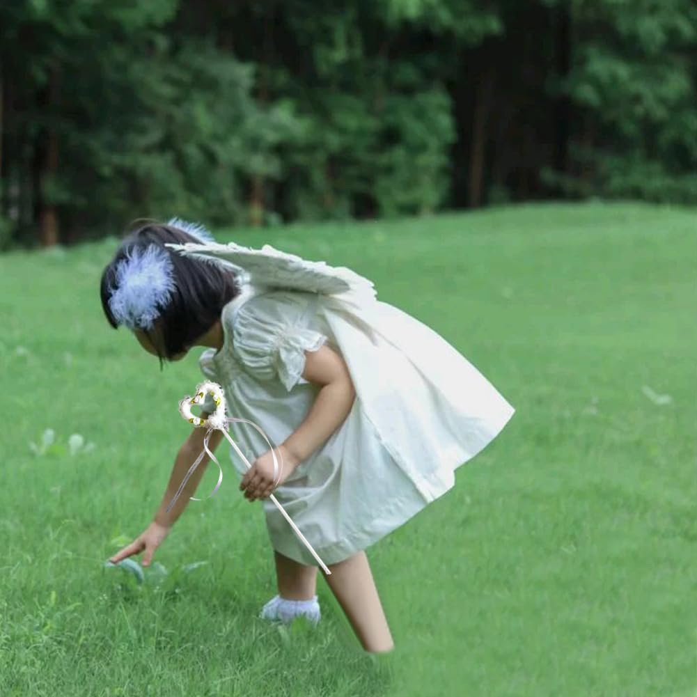 Joyasslly Angel Wings Cosplay Set for Angel Heart Wing and Hair Cute Angel Costume Accessories for Halloween and Unisex Kids, Wings, Ring, Stick,