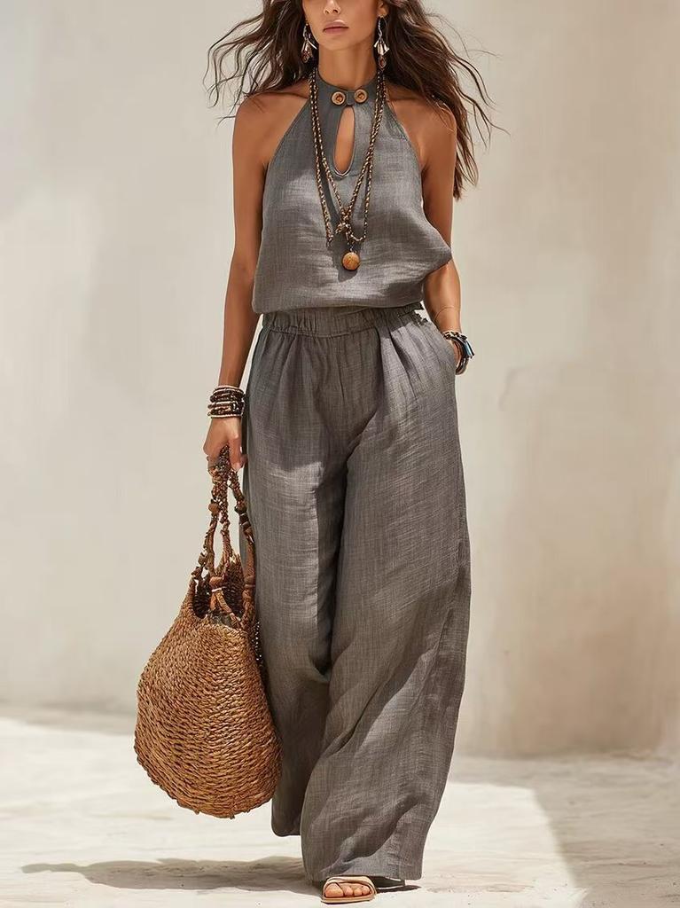 New summer European and American cross-border independent station Amazon women's wide-leg fashion cotton and linen sleeveless neck jumpsuit