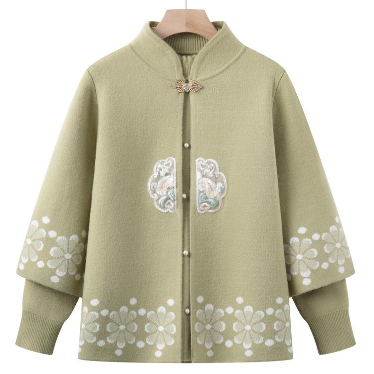 Sweater Jacket New Chinese Style Middle-aged and Elderly Women's Suit Knitted Two-piece Set Mother Autumn Clothes Autumn and Winter Cardigan New Style