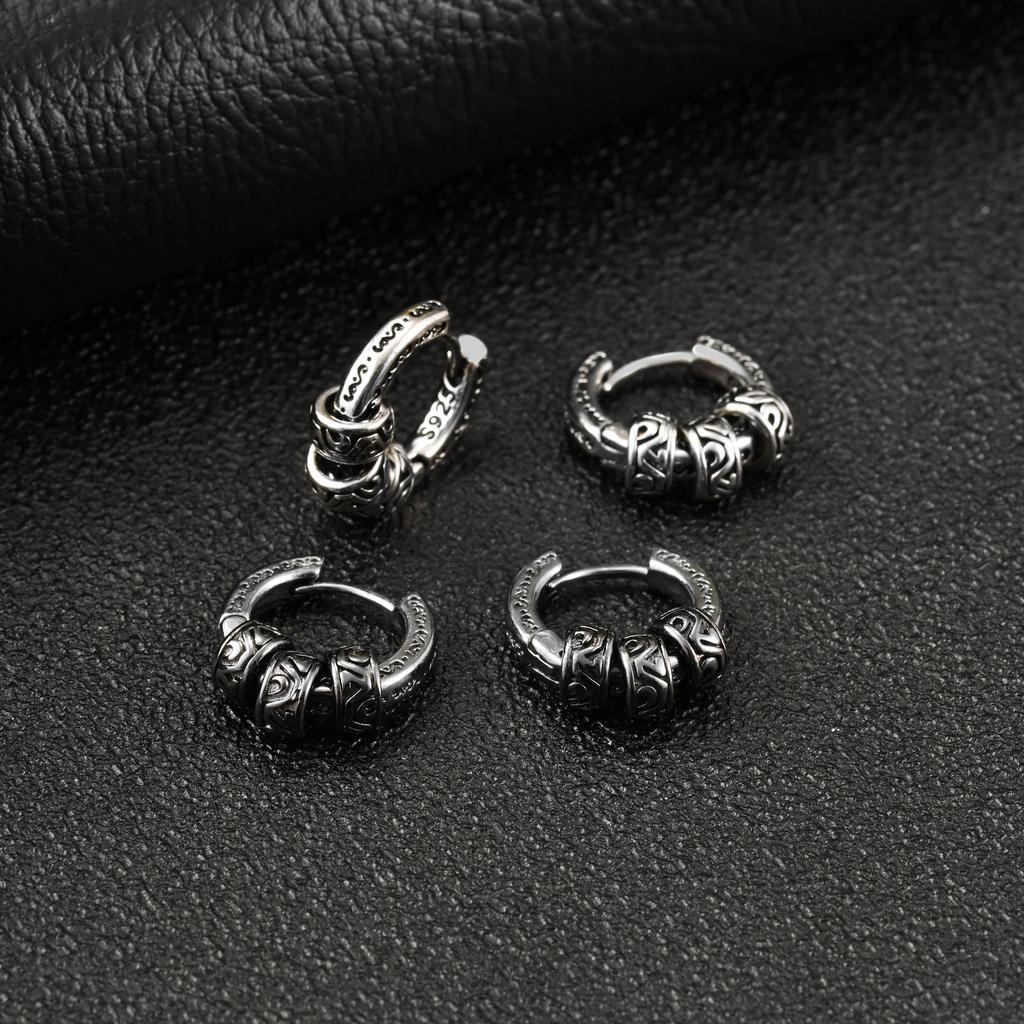 Vnox Vintage Pattern Hoop Earrings for Men Women, Gray Silver Color Round Huggies Earring, Punk Fashion Jewelry Accessories Gift