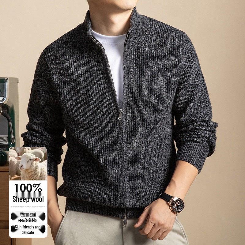 Men's Thick Rice Stitch Wool Cardigan, Zipper Stand Collar, Warm Autumn/Winter Sweater