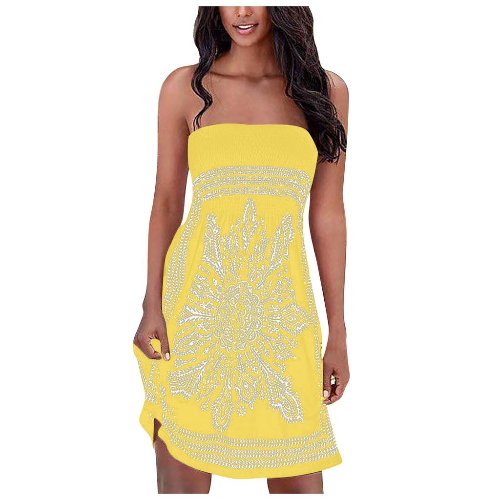 Women Sexy Fashion Print Sleeveless Strapless Knee-Length Party A-Line Dress