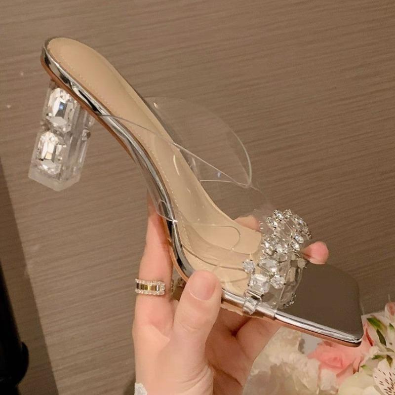 Women's Thick Heel Sandals Summer New Square Head Open Toe Crystal Transparent Strap Anti-slip Wear-resistant High Heels