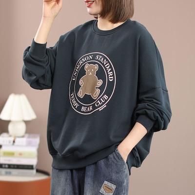 Pure Cotton Sweatshirt for Women Spring Autumn New Korean Style Loose Bear Print Versatile Top Trendy