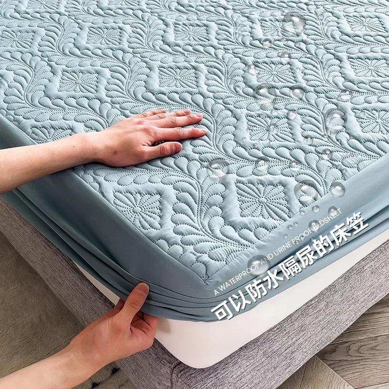 Waterproof Solid Color Embossed Mattress Cover Thicken Fitted Sheet Bed Cover for Bedroom Hotel Soft Pad for Bed