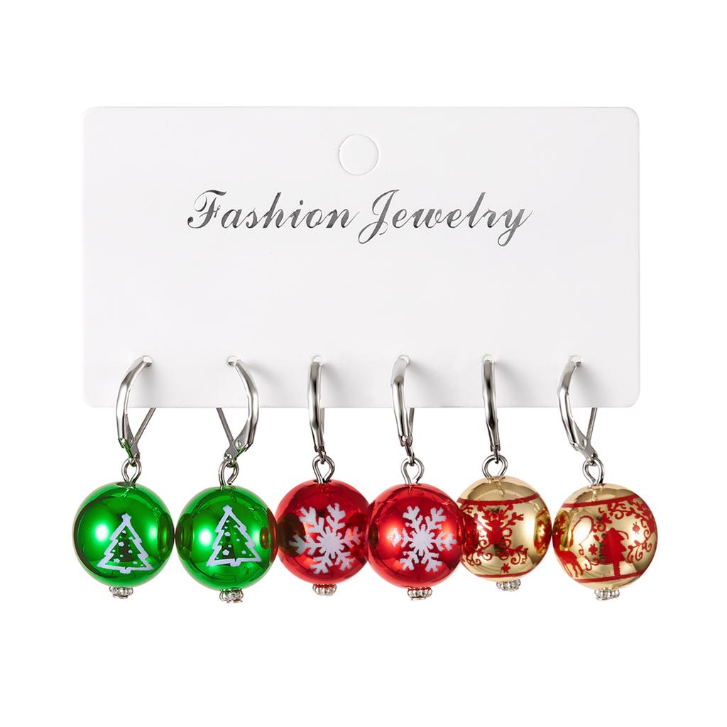 Creative Red Green Christmas Resin Ball Earrings Set for Women Simple Snowflake Xmas Tree Pattern Earrings Party Jewelry Gift