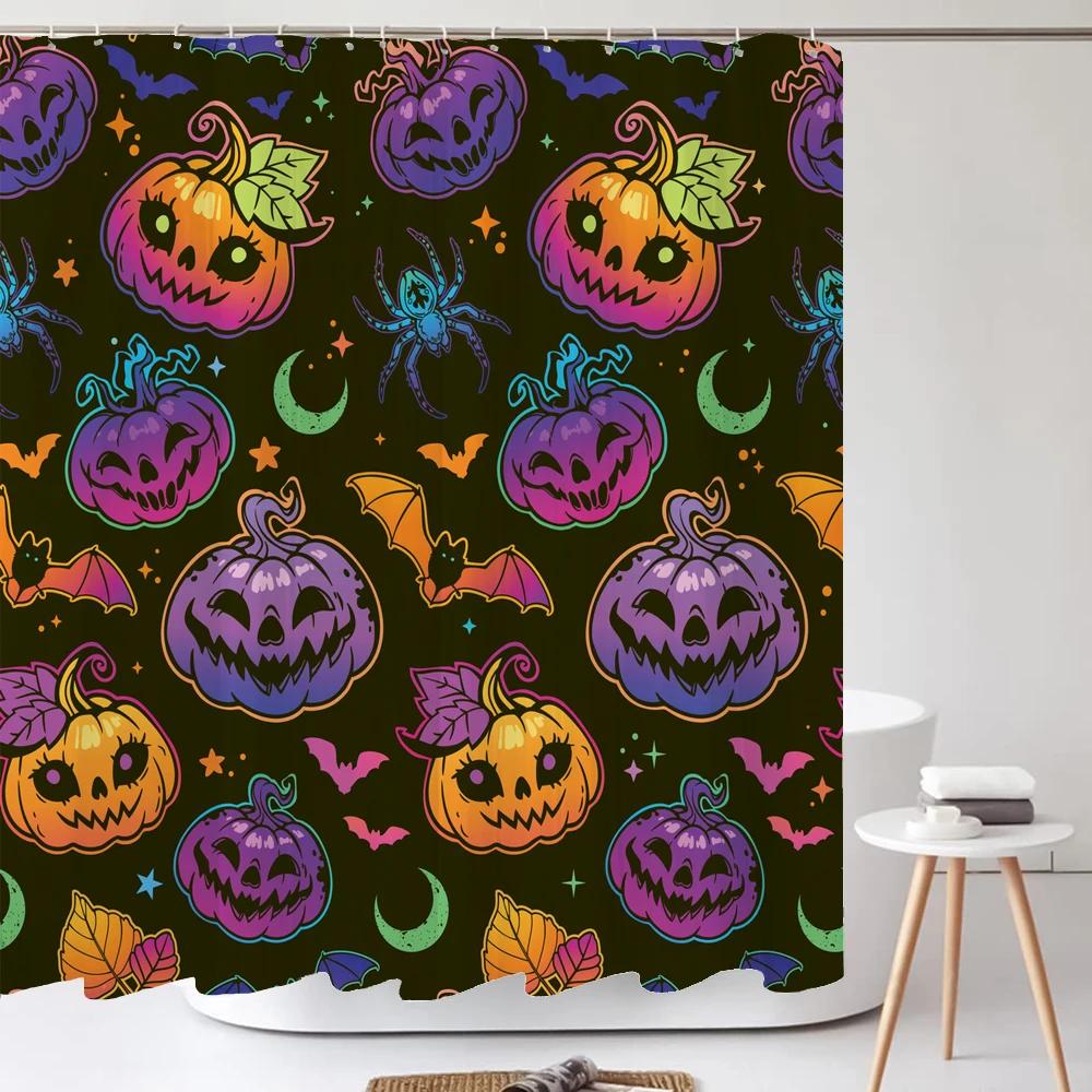 Halloween Shower Curtain Horror Wizard Pumpkin Cat Castle Bath Curtains Home Bathroom Bathtub Decoration Waterproof With Hooks