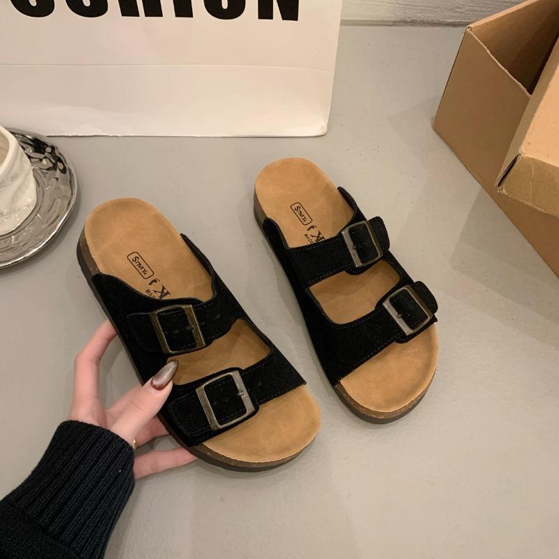 New Retro One-line Casual Beach Shoes for Women with Thick Soles and Soft Leather Slippers