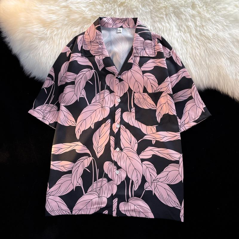 Unisex Vintage Kubakrage Blomsterskjorte - Løs passform, Hong Kong-stil, Kort erm, Perfekt for strand og par