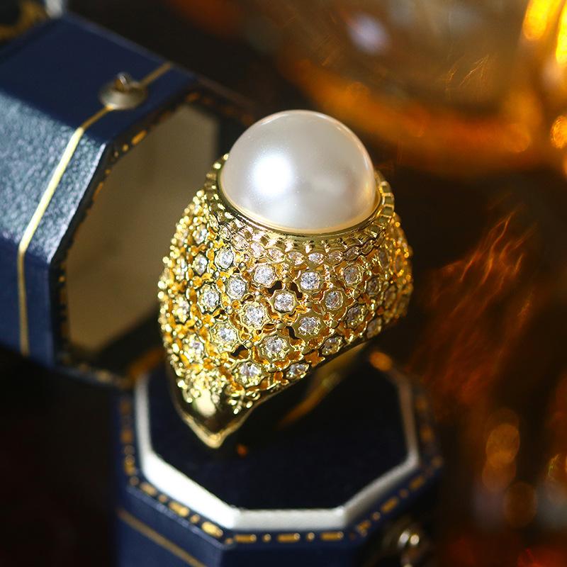 

New Gold Set With Diamond Pearl Opening Ring For Women 925 Silver Personality Accessories Party Birthday Lady Jewelry Gift білий