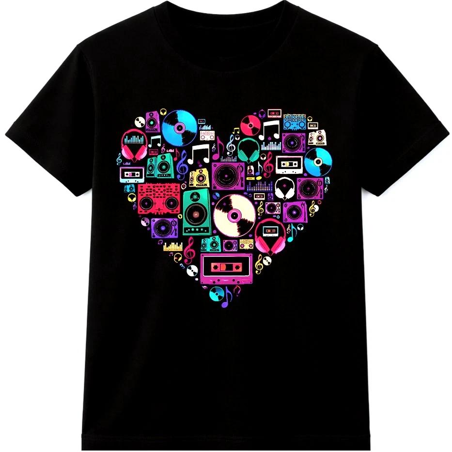 Музыкальное Сердце Футболка DJ Аудио Динамик Наушники Ретро Бумбокс Графическая Футболка S