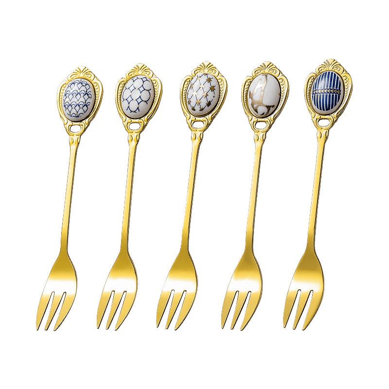 Stainless Steel Spoons Inlay Ceramic Coffee Ladles, Vintage Gold Plating Dessert Spoon, High-class Cake Scoops, Christmas Gift
