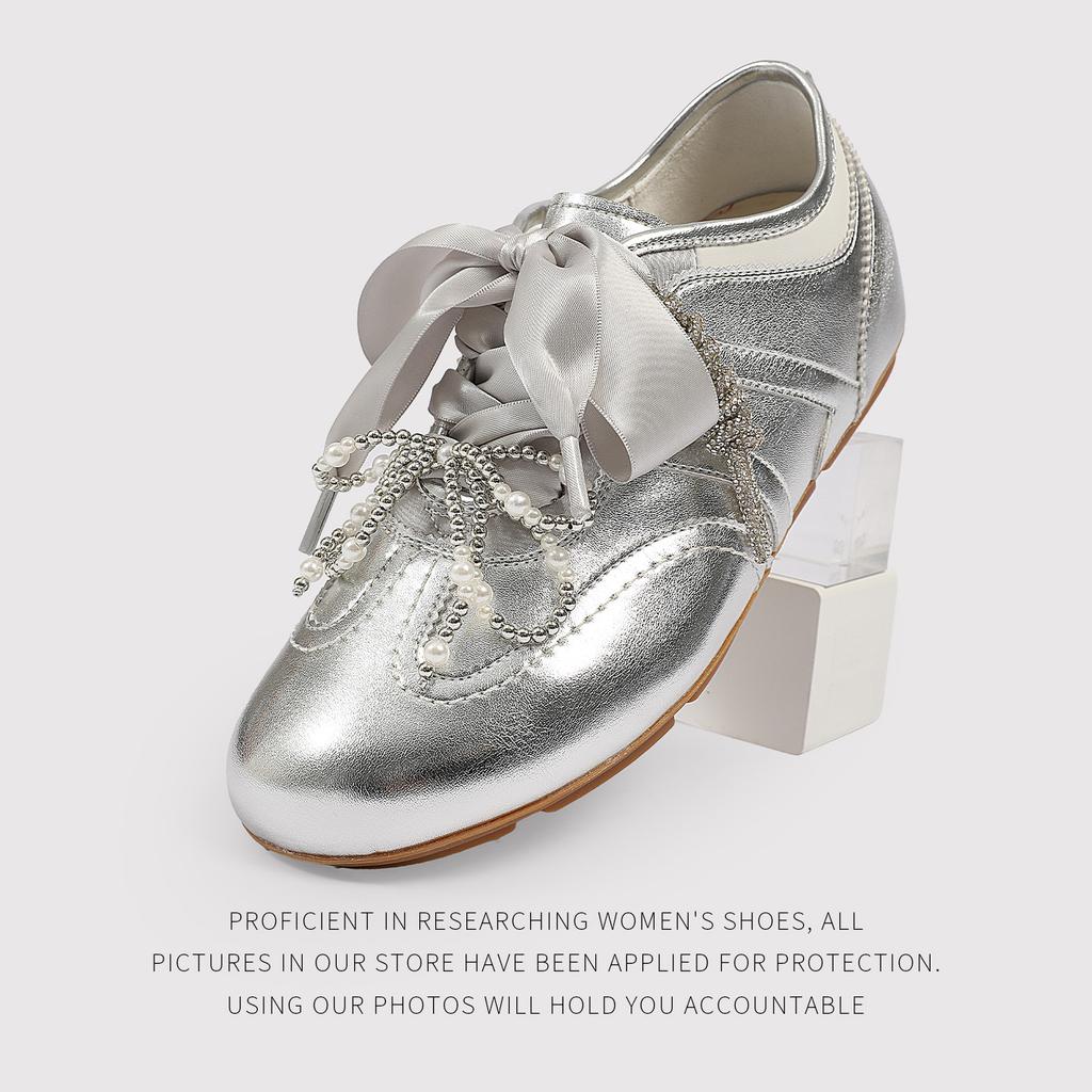 5Cm Height Increase - Star With The Same Pearl Bow German Training Shoes Casual Invisible Height Increase Lightweight Ballet Style Sneakers