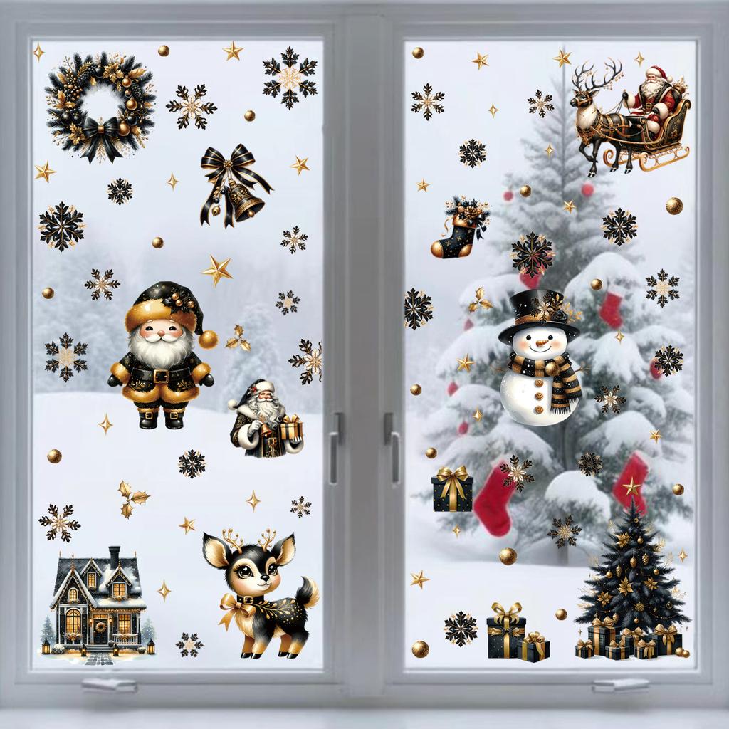 4/9 Sheets Christmas Stickers Removeable Window Cling Sticker Black Gold Cartoon Double-Sided No-Glue Santa Claus Snowflake Xmas
