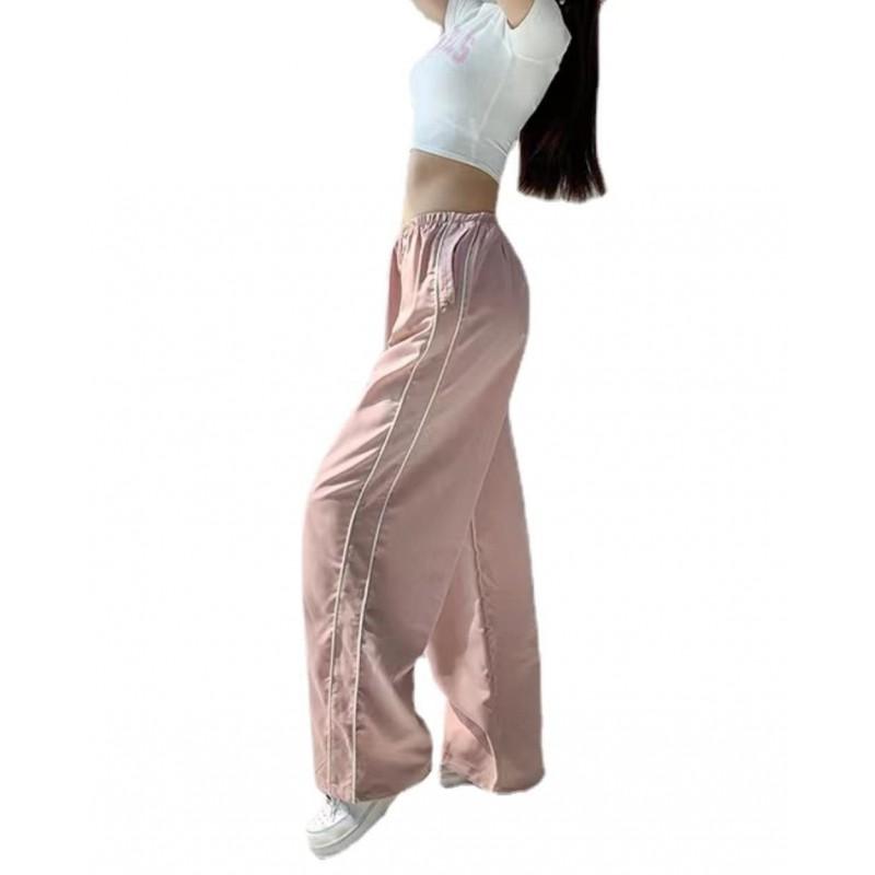 Womens Stretch Waist Casual Wide Leg Pants With Cuffed Hem Loose Fit Streetwear Trousers