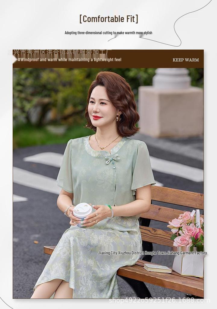 Elegant Summer Floral Two-Piece Dress for Women - Short Sleeve Skirt for Young, Middle-Aged, and Elderly Mothers