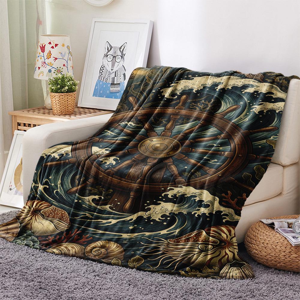 1PC Ships and Lighthouses Print FlAannel Blanket, High Quality Comfortable for All Seasons, Home Decor, Warmth and Comfort