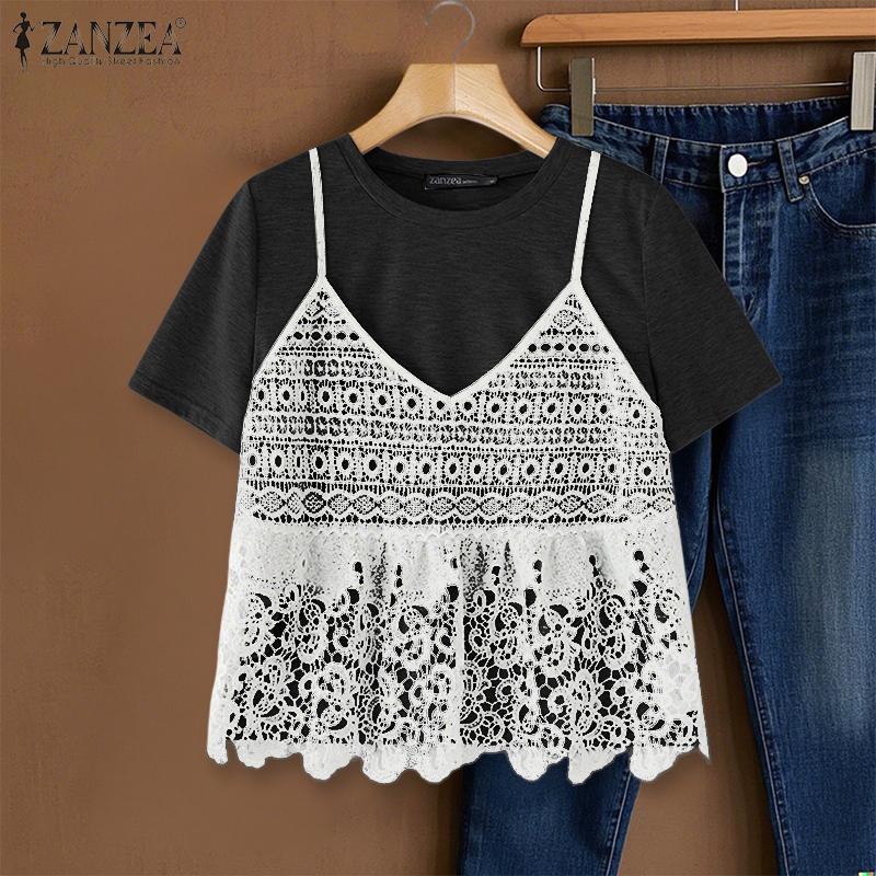 ZANZEA Women Casual Lace Patchwork Fake Two Piece Short Sleeve T-Shirts