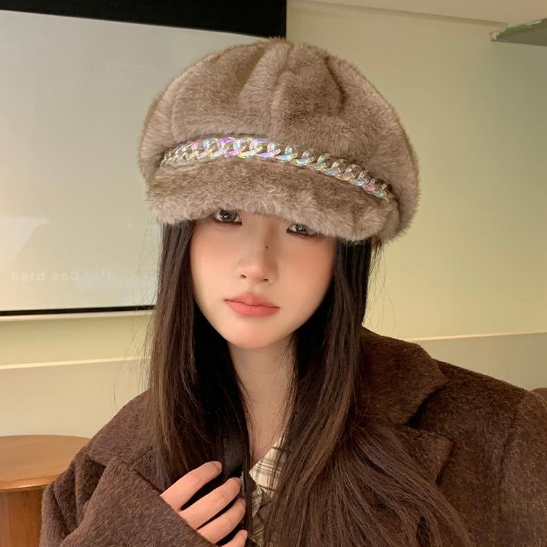 Autumn and Winter Beret Cap Women's Imitation Mink Hair Thermal Ear Protection Hat Versatile Casual Retro Octagonal Hat Painter Hat