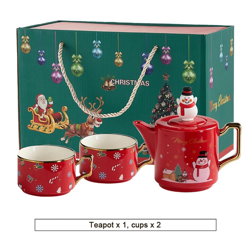 Red Ceramics Teaware Sets Santa Claus Snowman Elk Teapot Teacup Christmas Coffee Cup Saucers Stackable Xmas New Year Gifts