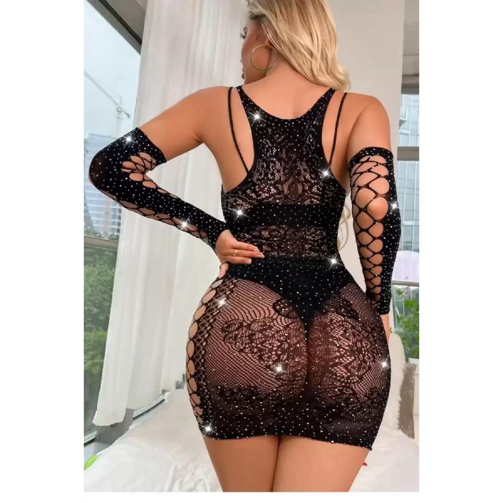 Women's Red Stone Mini Nightgown Fantasy Body Stocking With Gloves
