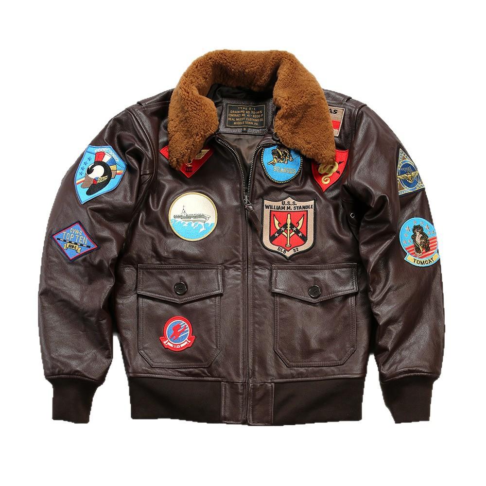 Top Gun TOP GUN standard leather flight suit jacket men's wool collar multi-standard yellow cowhide leather jacket