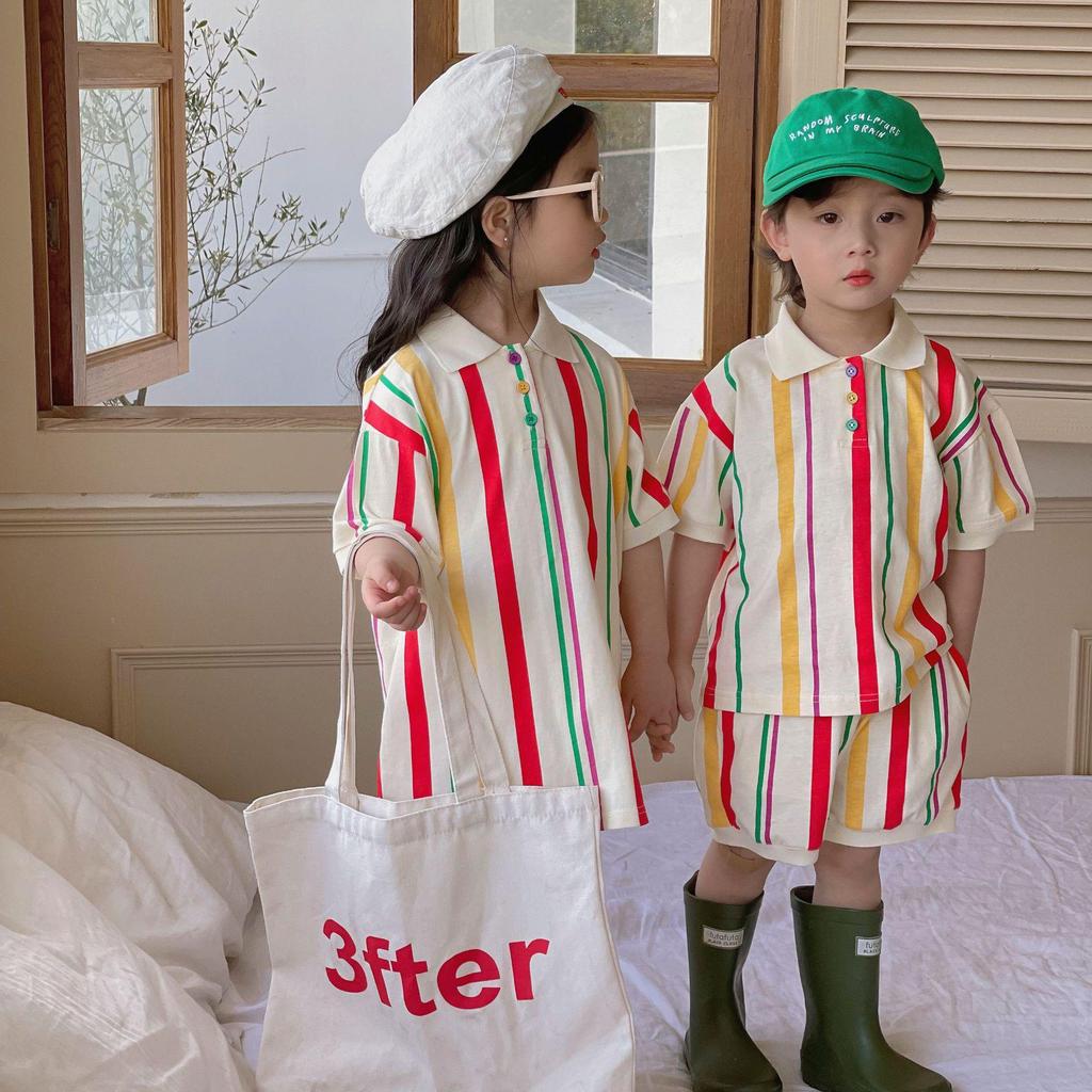 Koreaanse Broer/Zus Gestreept Gebreid Setje: Polo Jurk voor Meisjes & Korte Broek Set voor Jongens