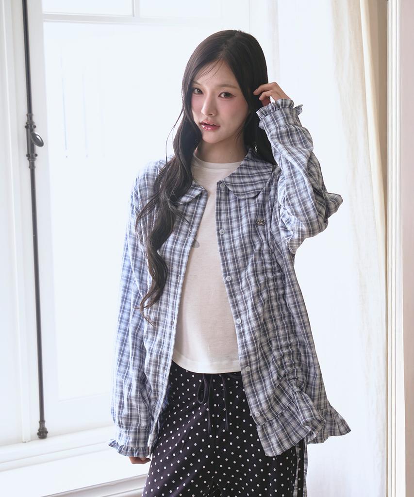 THE GREEN LAB Lovely Collar Check Frill Long Top [Blue]
