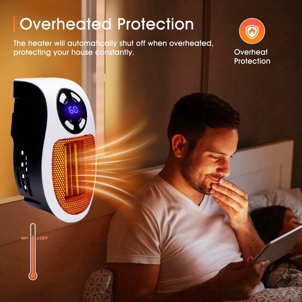 Portable Plug In Heater, 500W Small Electric Heater with Overheat Protection, Adjustable Electronic Thermostat, Precise LED Display Wall Outlet Space