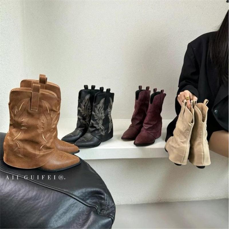 South Korea's new autumn and winter retro high heels French pointed short boots Western knight cowboy boots