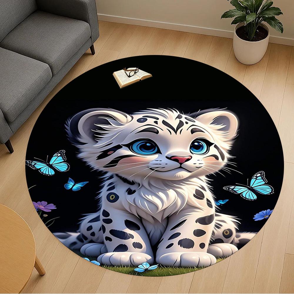 1PC Snow Leopard Round Chair Mat Area Rug - Non-Slip, Floor Mat for Office, Bedroom, Home Decor Christmas Gift C0528085