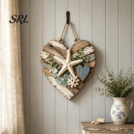 Natural Jute Rope Wall Art Rustic Coastal Heart Shape Hanging Ornament with LED Light, Distressed Farmhouse Pendant Driftwood Sign Wood Beads