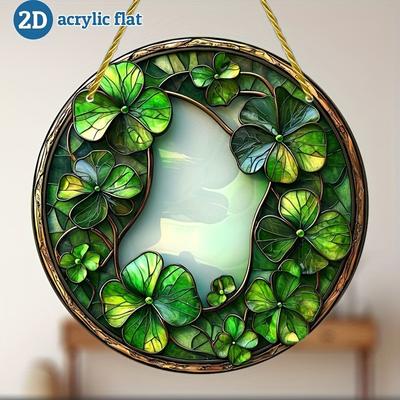 2D Flat Round Acrylic Clovers Decor Sign, Stained Glass Shamrock Wreath Design, Home Decor Plaque Hanging Wall Art Decorative Garden Decoration for Rz
