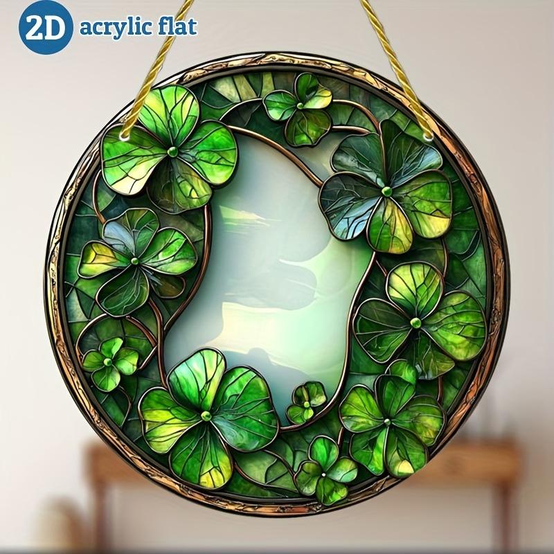 

2D Flat Round Acrylic Clovers Decor Sign, Stained Glass Shamrock Wreath Design, Home Decor Plaque Hanging Wall Art Decorative Garden Decoration for Rz 20*20CM
