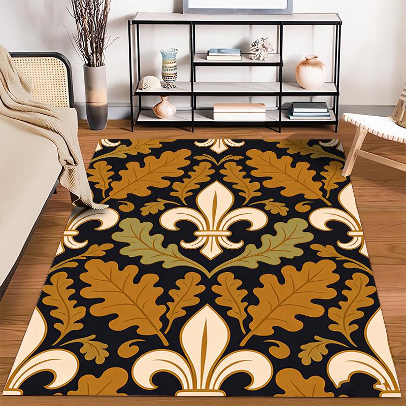 Fleur-de-Lis and Autumn Leaves Printed Carpet, Black and Orange Design Suitable for use as an anti-slip for living room bedroom sofas