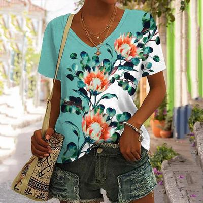 Haut d'été à col en V imprimé floral 3D T-shirts pour femmes à manches courtes décontractés et à la mode