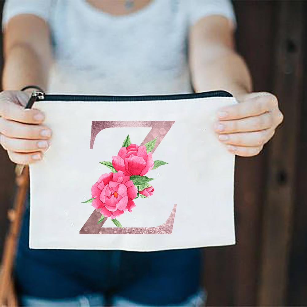 Pink Flowers Alphabet A-Z White Canvas Makeup Bags Zipper Cosmetic Pouch Ladies Casual Fashion Storage Organizer Make Up Bag