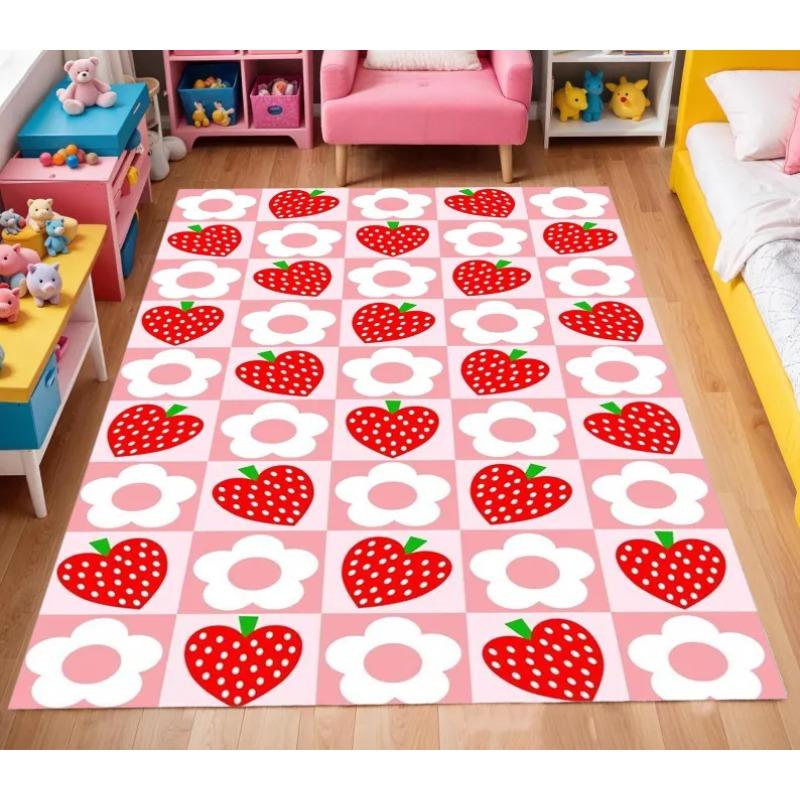 Strawberry Flower Carpet Fruit Sweet Print Home Decoration Floormat Pink Checkerboard Non-Slip Girl's Room Bedside Rug