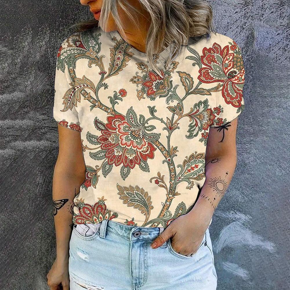 Summer Leisure 3D Print Women's T-shirt Retro Flower Pattern Fashion T-shirt Elegant Women's Short Sleeved