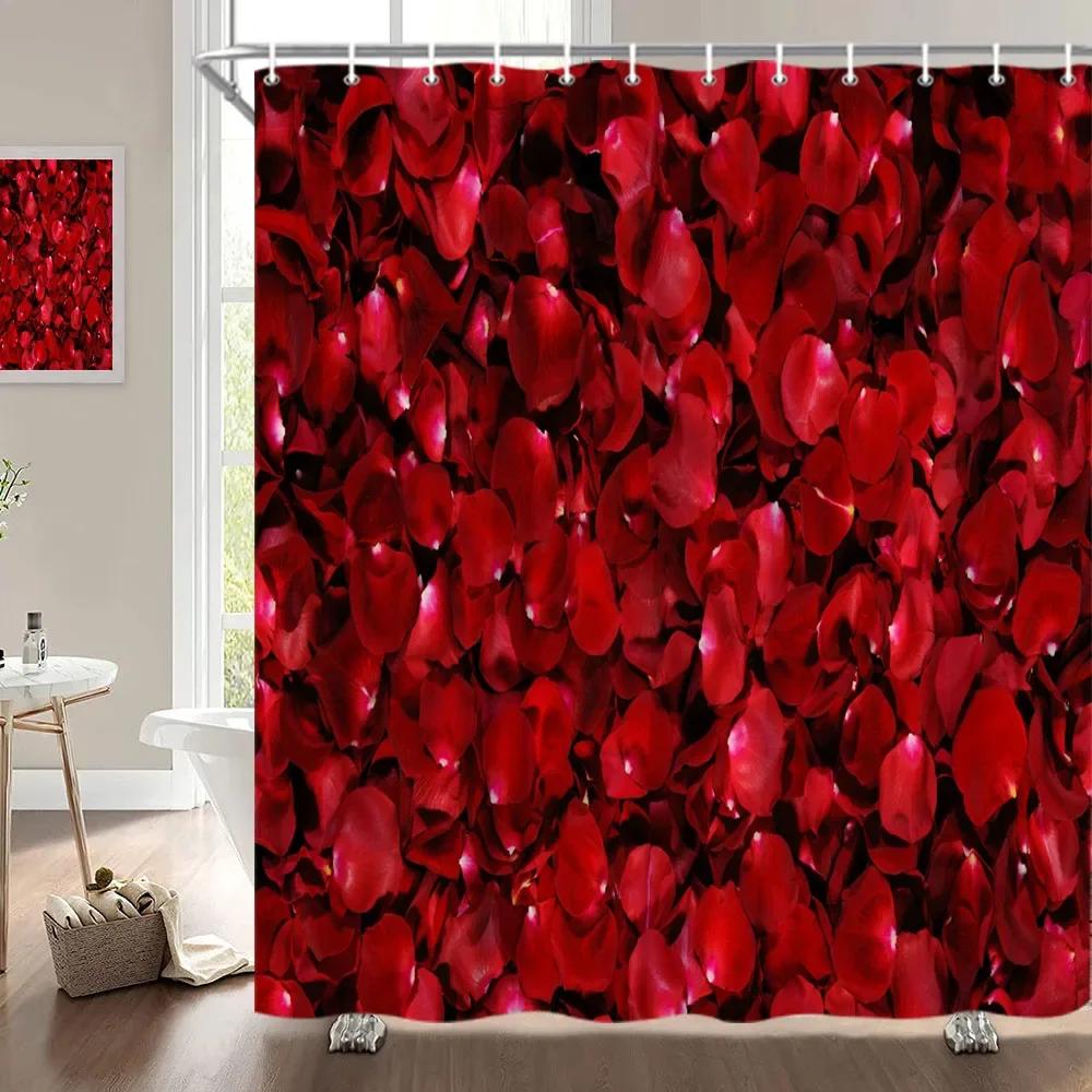 Valentine'S Day Shower Curtain, Rose Flower Heart Romantic Plant Love Lipstick Polyester Printed Fabric Bathroom Decoration