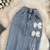 Denim Skirt Women's Summer High-Waisted Mid-Length Cover The Crotch To Show Thin Beaded Split A-Line Hip Skirt