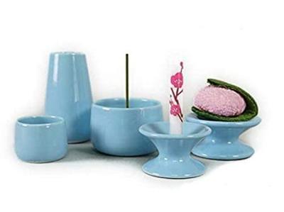 [Set] 5-Piece Pet Buddhist Altar Set (Ceramics, Water Jug, Flower Vase, Offering Stand, Incense Burner, Candle Holder) Miniature, Made In Japan, Blue
