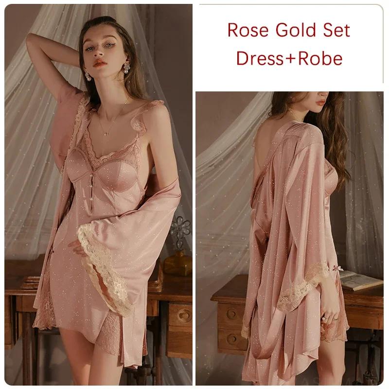 Damen Schlafanzug Set Nachthemd Robe Glattes Satin Camisole Kleid mit BH Cup Sexy Damen Pyjamas