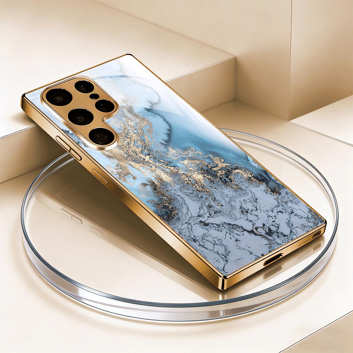 

Позолоченный чехол для телефона из закаленного стекла, совместимый с Galaxy S26 S25 S24 S23 S22 Ultra Plus. Содержит дизайн в стиле сине-золотой акварели. For Galaxy S26