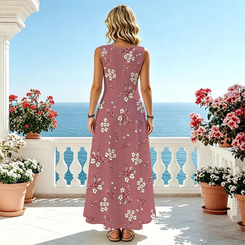 Summer Beach Dress,Sleeveless Flowy Soft Floral Long Dress,Elegant & Flattering for Vacations & Daily Outings